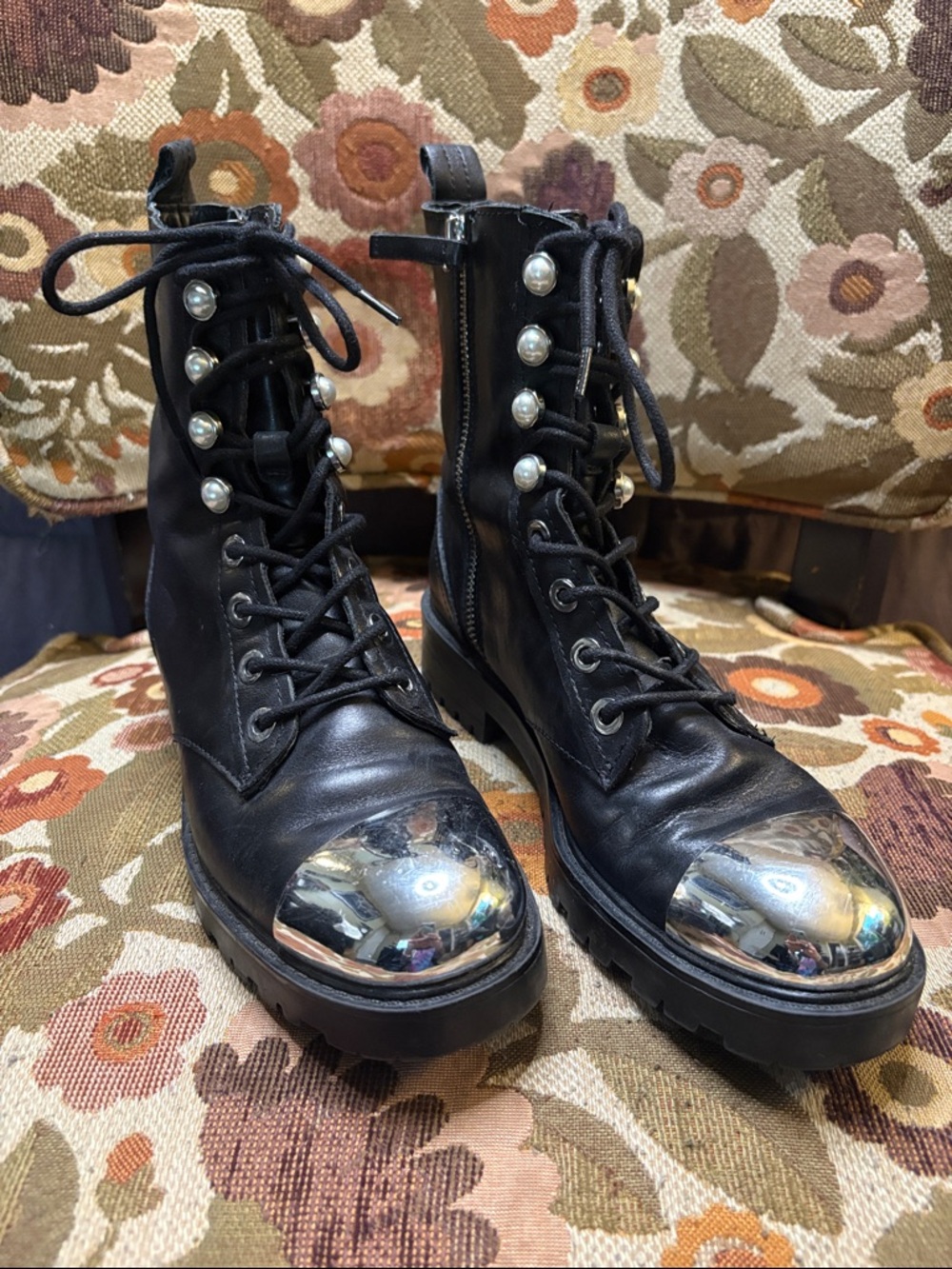 Zara Black Lace-Up Combat Boots with Silver Toe Caps and Pearl Studs